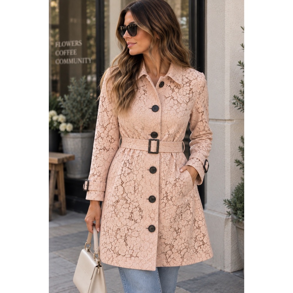 Cupcakes and Cashmere Lace Trench Coat Pink Blush Belted M